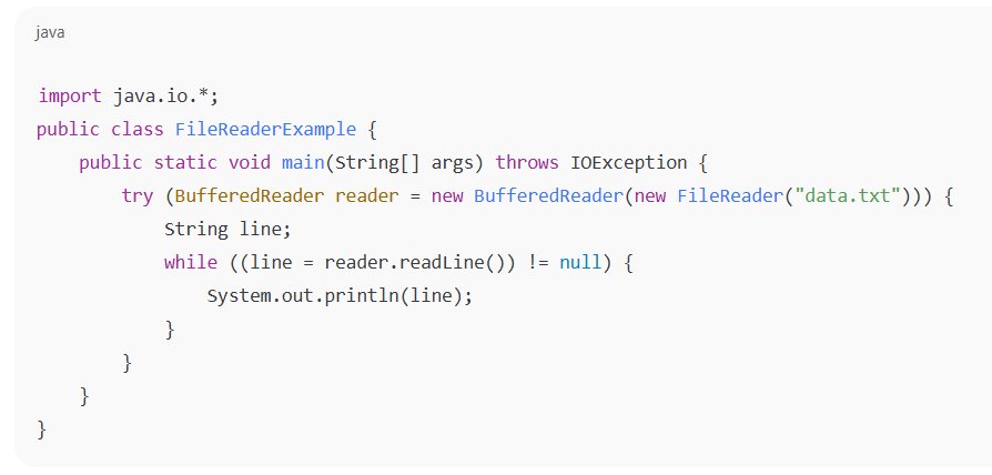 Java code demonstrating file reading with BufferedReader and FileReader in a try-with-resources block.