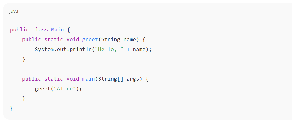 Java code demonstrating structured syntax with curly braces and semicolons for a greet method.