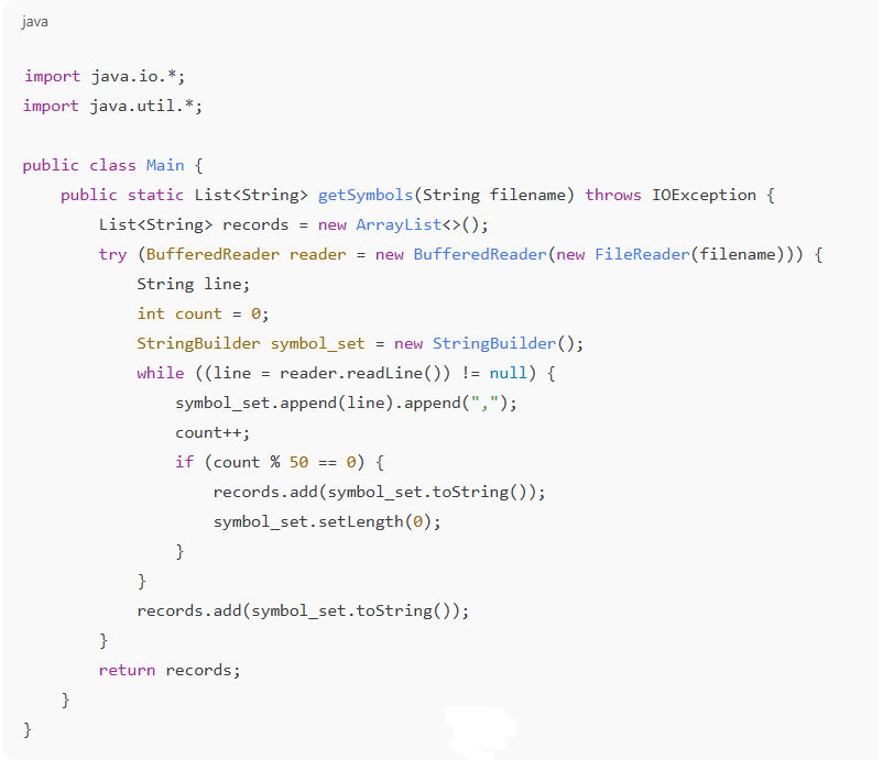 Java code for a getSymbols function that reads and processes a file.