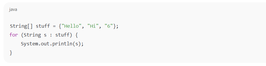 Java code showing a string array and a for-each loop.