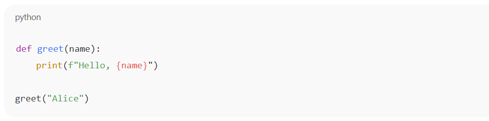 Python code defining and calling a greet function, showing minimalistic syntax with indentation.