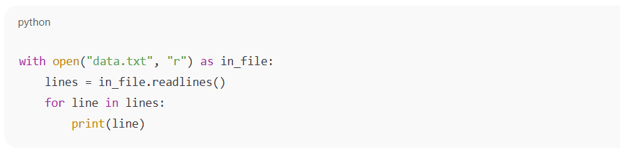 Python code demonstrating file reading using a with statement.