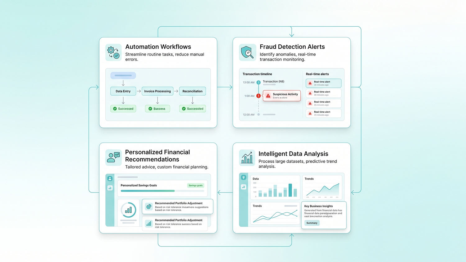 Role of AI in financial software including automation, fraud detection, and analytics